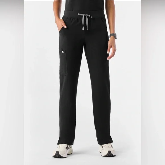 Figs Women’s Kade Black Cargo Straight-Leg Scrub Pants with Gray Drawstring - Picture 1 of 6